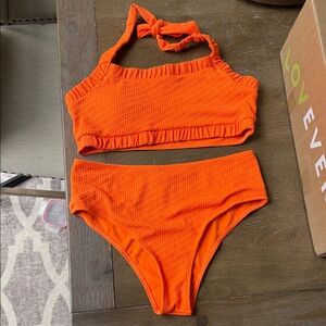 Bright Orange Textured Two-Piece Bikini Set High Waisted